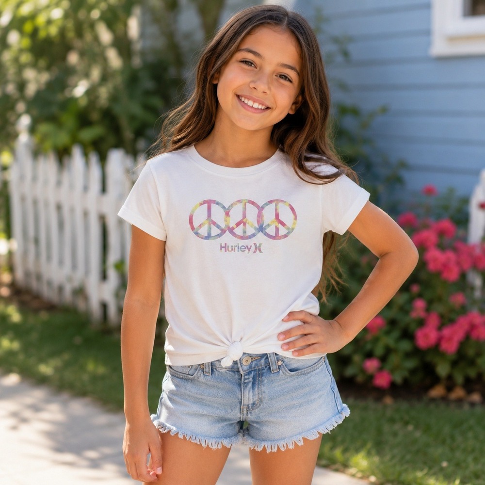 Hurley Girls L Graphic‎ T-Shirt Peace Sign Logo White Tee Summer Top
